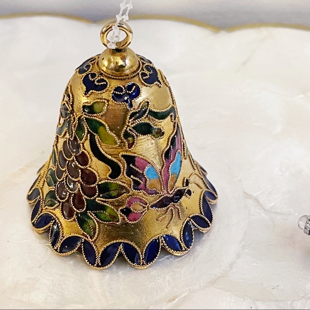 Gold Tone Cloisonné Enamel Butterfly Grape Holiday Bell Ornament